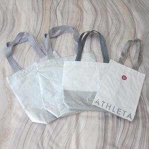 Lot of 4 ATHLETA Reusable Silver & White Totes Shopping Bags Logo 3 Styles